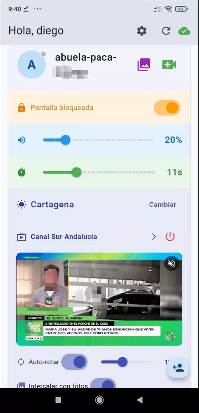 Panel de control familiar con volumen, bloqueo y canal